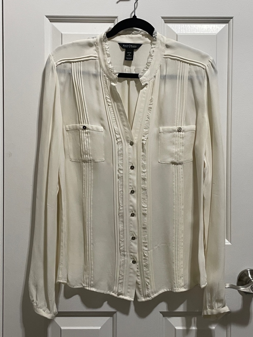 White House Black Market Silk Cream Ruffled Button-Front Blouse